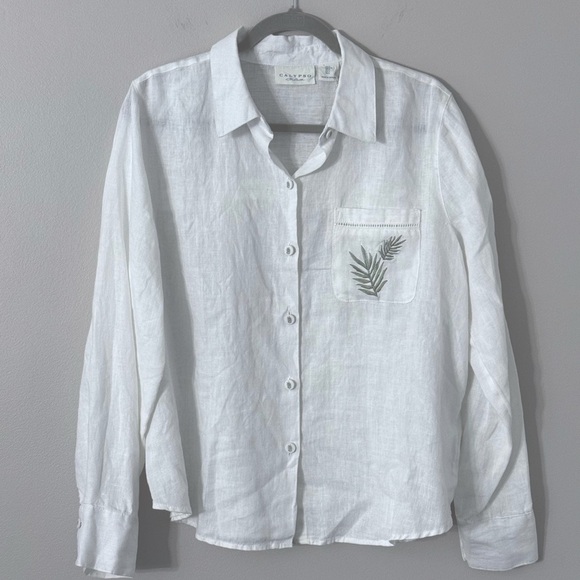 Calypso St. Barth Tops - Calypso St. Barth White Button-Up Linen Tunic with Leaf Detail